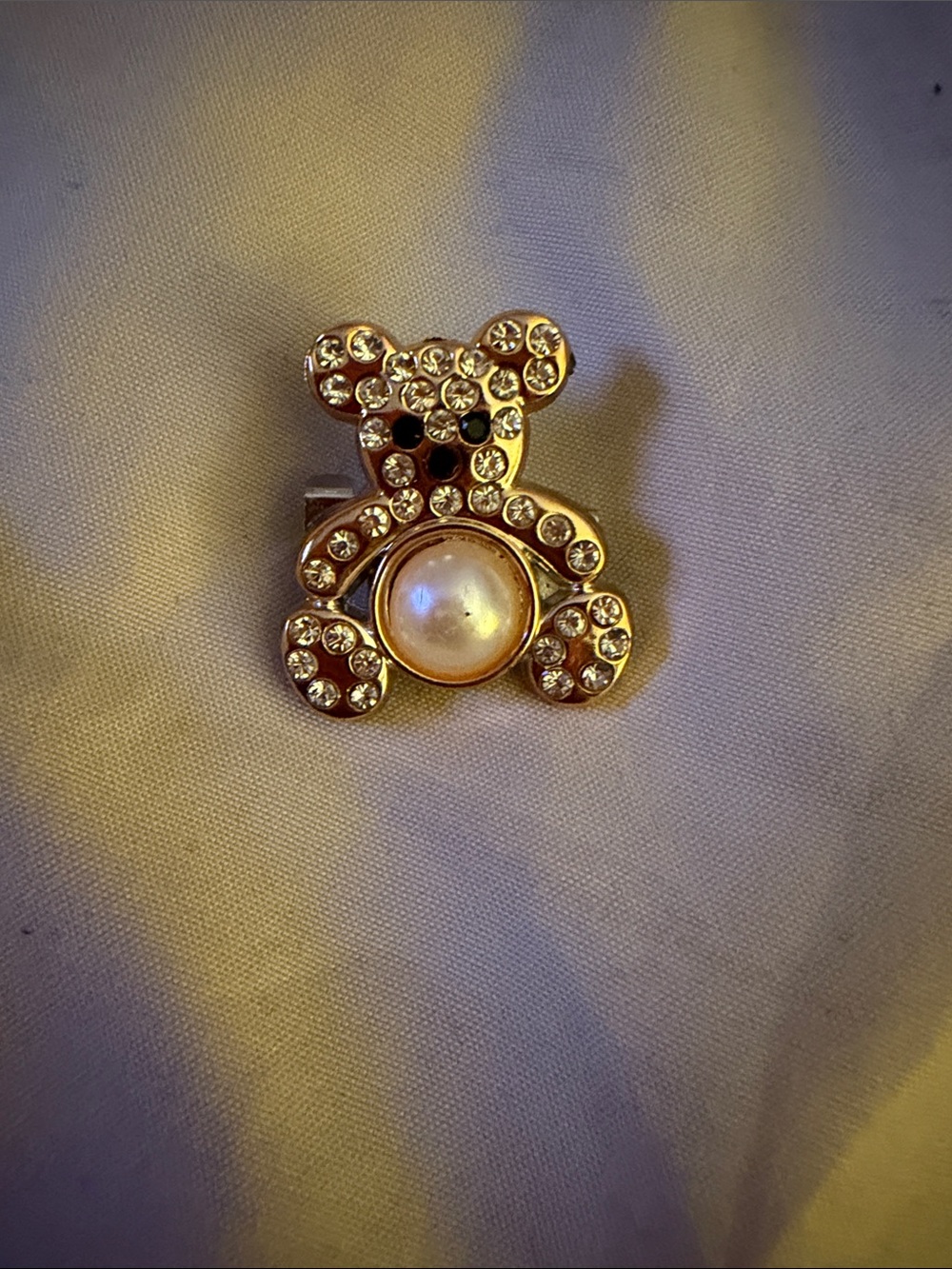 Gold Tone Crystal Teddy Bear Brooch with Pearl Accent